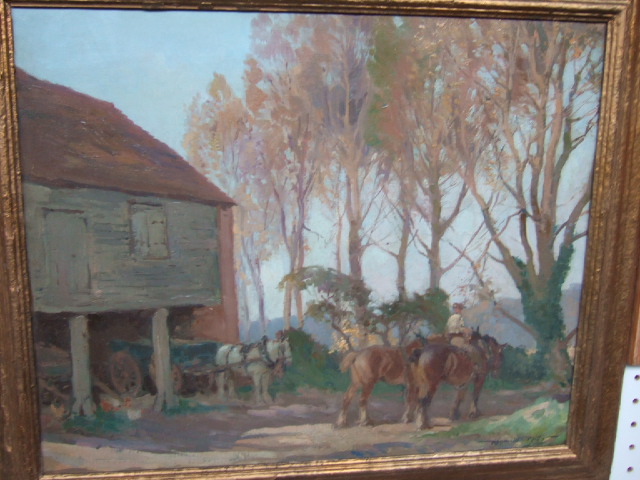 Appraisal: Reginald Mills th century Horses by a cartshed on a