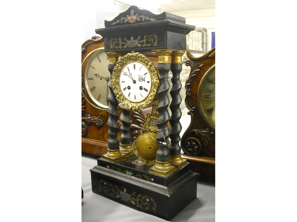 Appraisal: French ebonised and gilt metal two train portico mantel clock