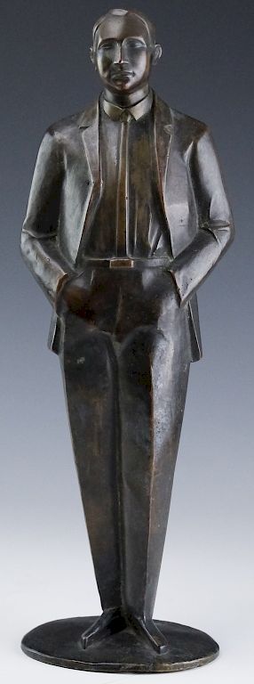 Appraisal: Artist Signed Bronze Man Standing Sculpture Artist signed bronze sculpture