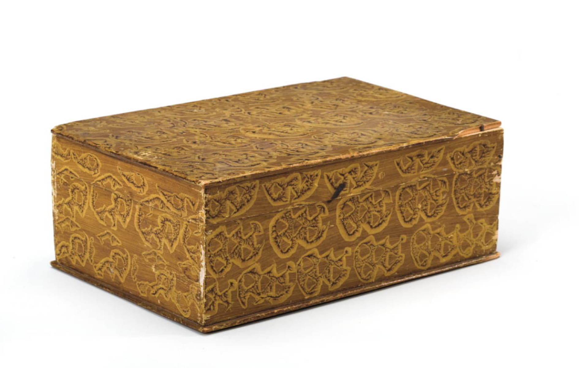 Appraisal: MUSTARD PAINTED AND VINEGAR-DECORATED VALUABLES BOX Length inches