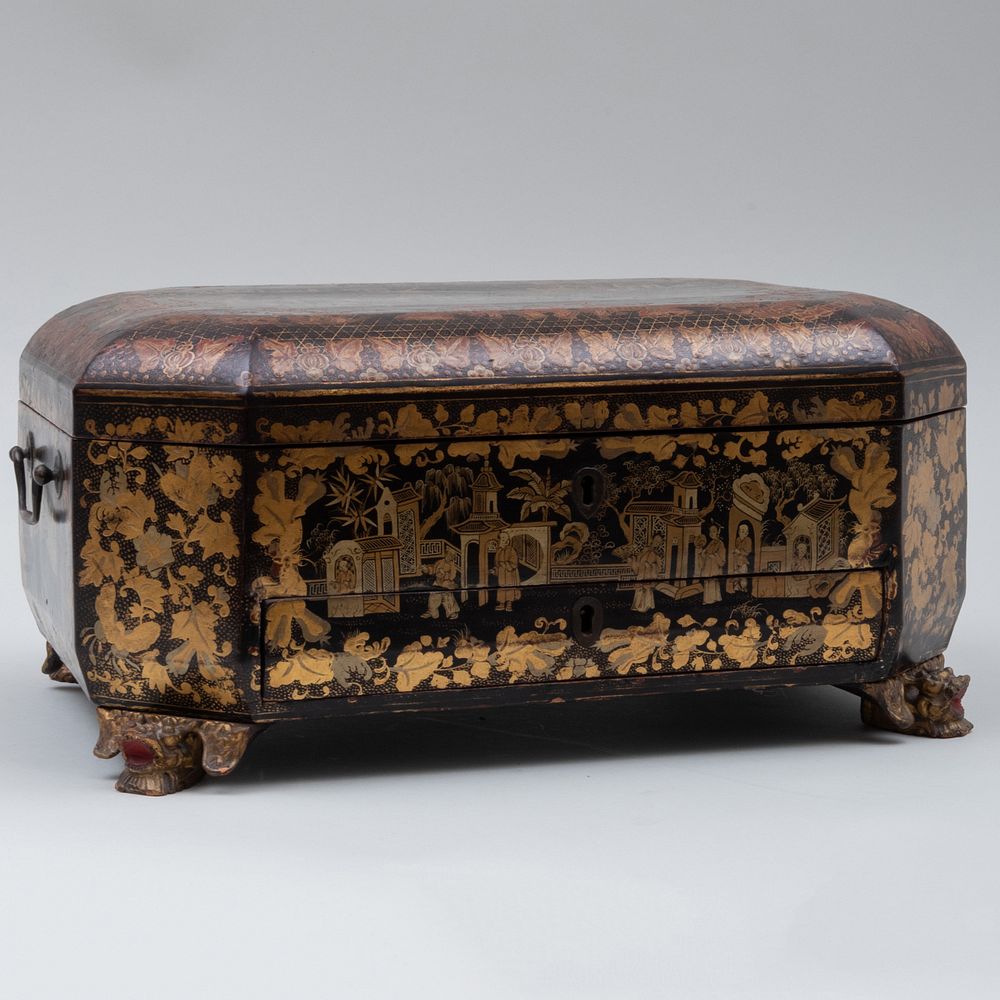 Appraisal: Chinese Export Black and Gilt Lacquer Games Box With fitted