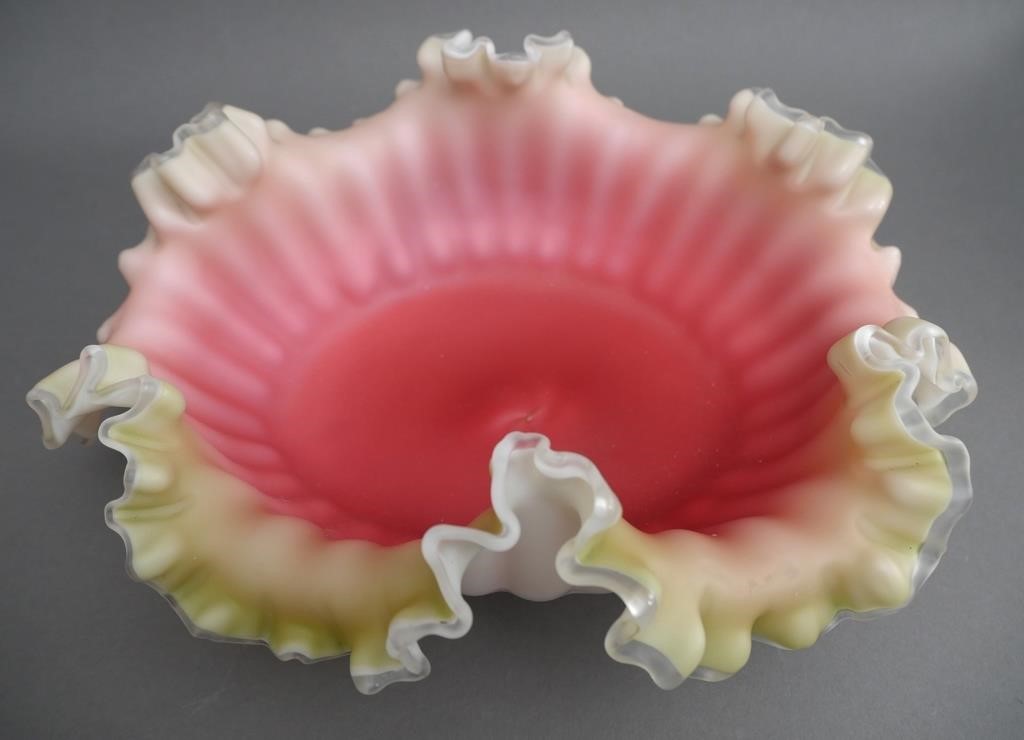 Appraisal: WEBB PEACH BLOW RUFFLED BOWLVictorian cased glass peach white and