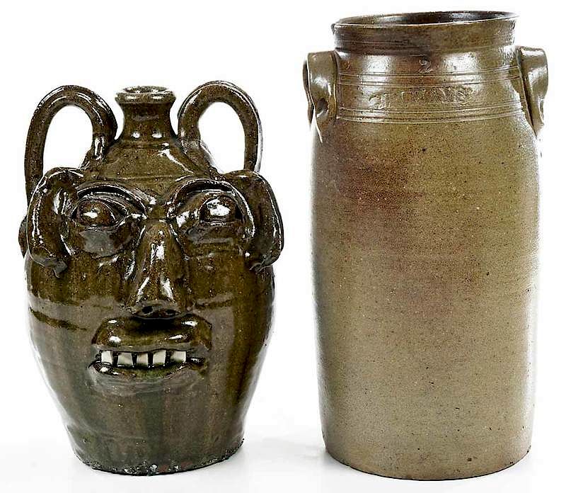 Appraisal: Two Pieces North Carolina Pottery Burlon Craig Face Jug th