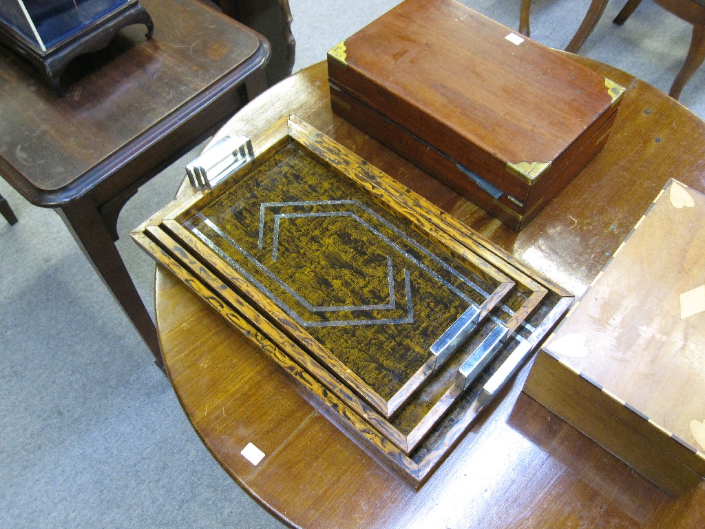 Appraisal: Nest of trays with chrome handles and glass preserves