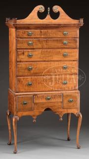 Appraisal: QUEEN ANNE TIGER MAPLE HIGHBOY QUEEN ANNE TIGER MAPLE HIGHBOY