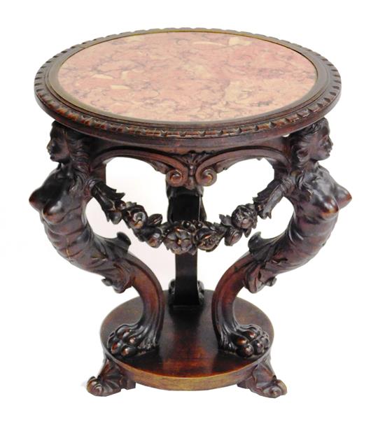 Appraisal: Occasional table round with inset rose marble top ornately carved