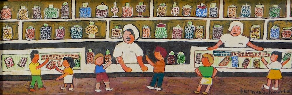 Appraisal: Herman Schwartz Folk Art Candy Store Painting Herman Schwartz Pennsylvania