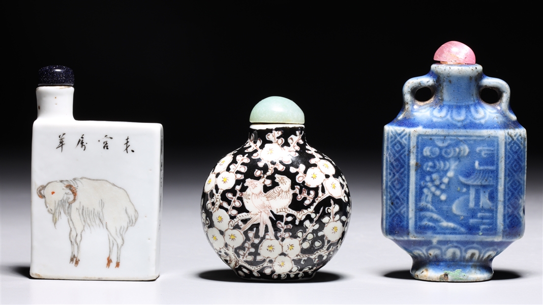 Appraisal: Three antique Chinese porcelain snuff bottles including blue glazed vase