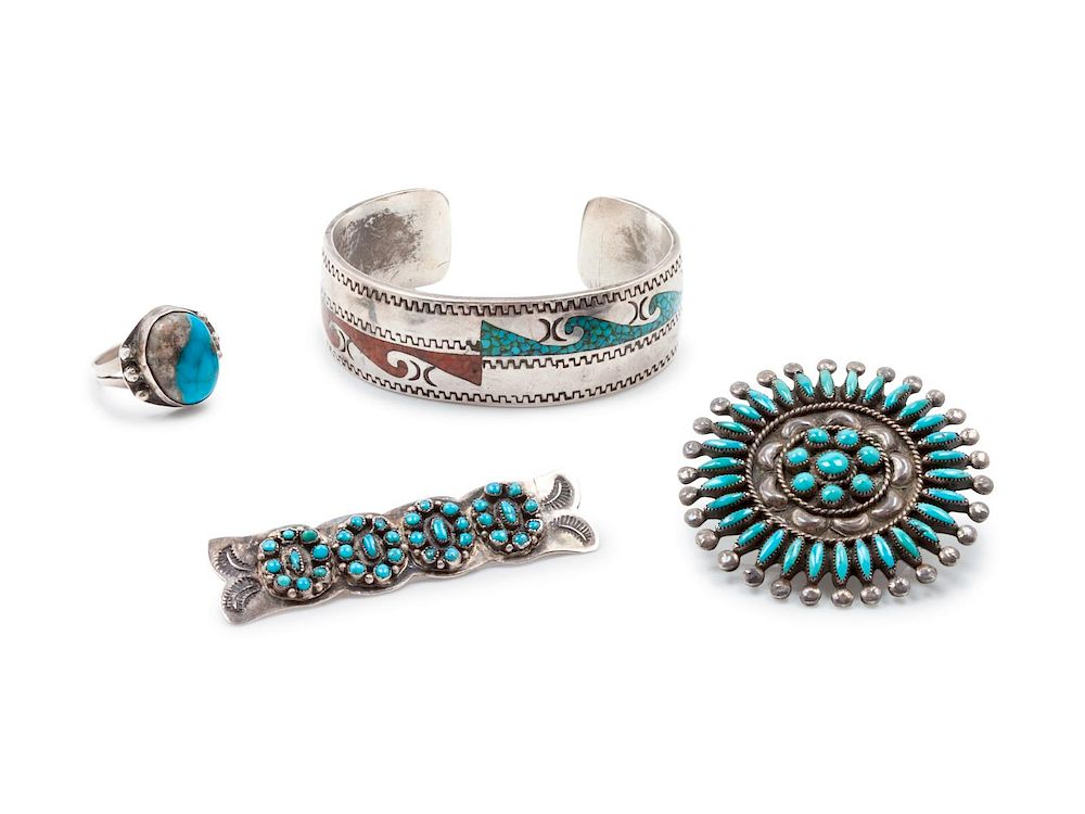 Appraisal: Group of Silver and Turquoise Southwestern Jewelry bracelet length x