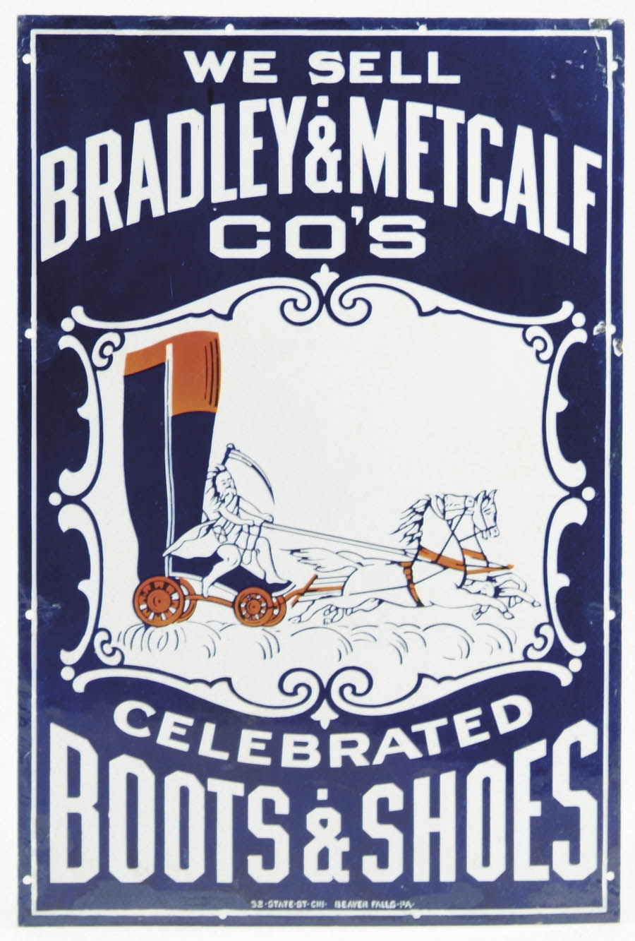 Appraisal: BRADLEY METCALF SHOE SIGN Whimsical graphic of Father Time driving