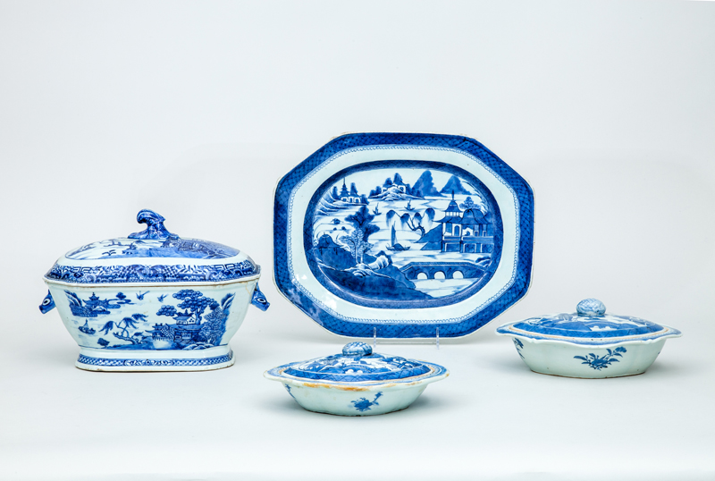 Appraisal: GROUP OF FOUR CANTON BLUE AND WHITE PORCELAIN TABLE ARTICLES