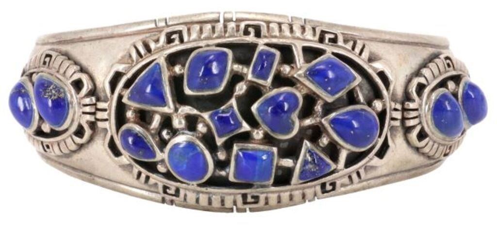 Appraisal: Sterling silver cuff bracelet set with lapis lazuli cabochons approx