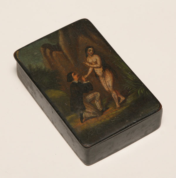 Appraisal: Early hand painted Continental wooden snuff box with allegorical scene