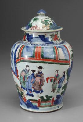 Appraisal: Chinese wucai lidded jar court official holding audience th century