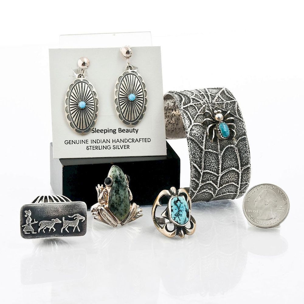 Appraisal: NATIVE AMERICAN SILVER EARRINGS RINGS AND BRACELET Turquoise jet other