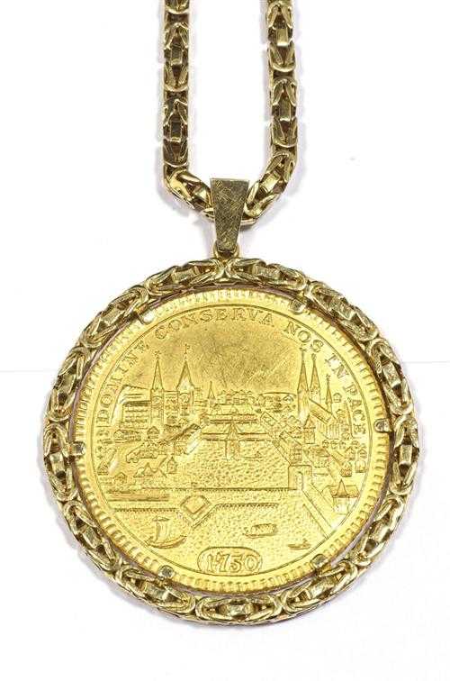 Appraisal: GOLD SAUTOIR WITH MEDAL PENDANT E MEISTER Yellow gold medal