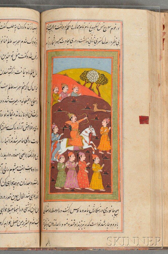 Appraisal: Persian Manuscript with Twenty-eight Miniatures Tall narrow format manuscript in