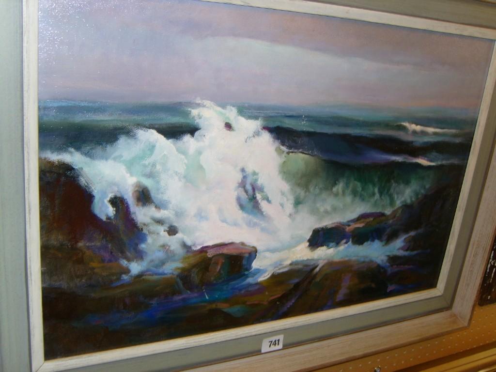 Appraisal: An oil painting on canvas of a shore scene with