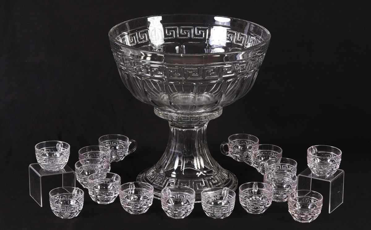 Appraisal: HEISEY GREEK KEY PUNCH BOWL WITH STAND CUPS Bowl ''