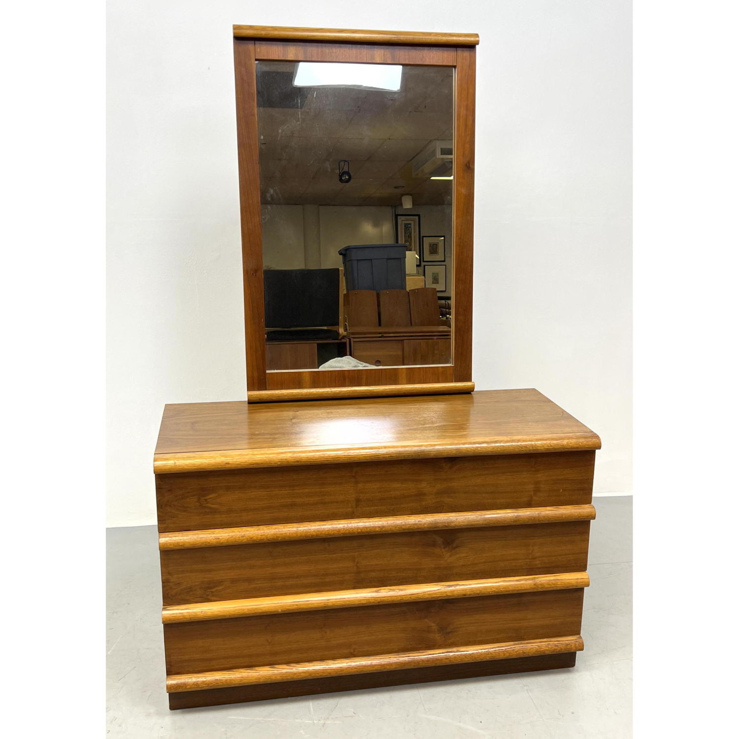 Appraisal: pc LANE American Modern Walnut Dresser and Mirror Contrasting Tone