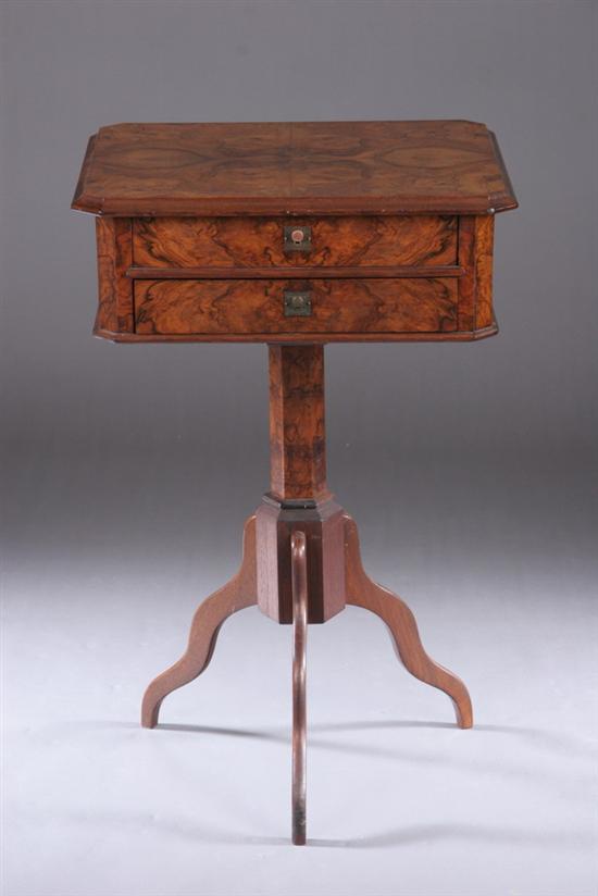 Appraisal: CONTINENTAL BURLED WALNUT WORK TABLE th century Molded and chamfered