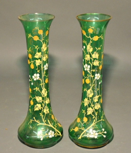 Appraisal: - Pair of Victorian green glass vases with strawberry decoration