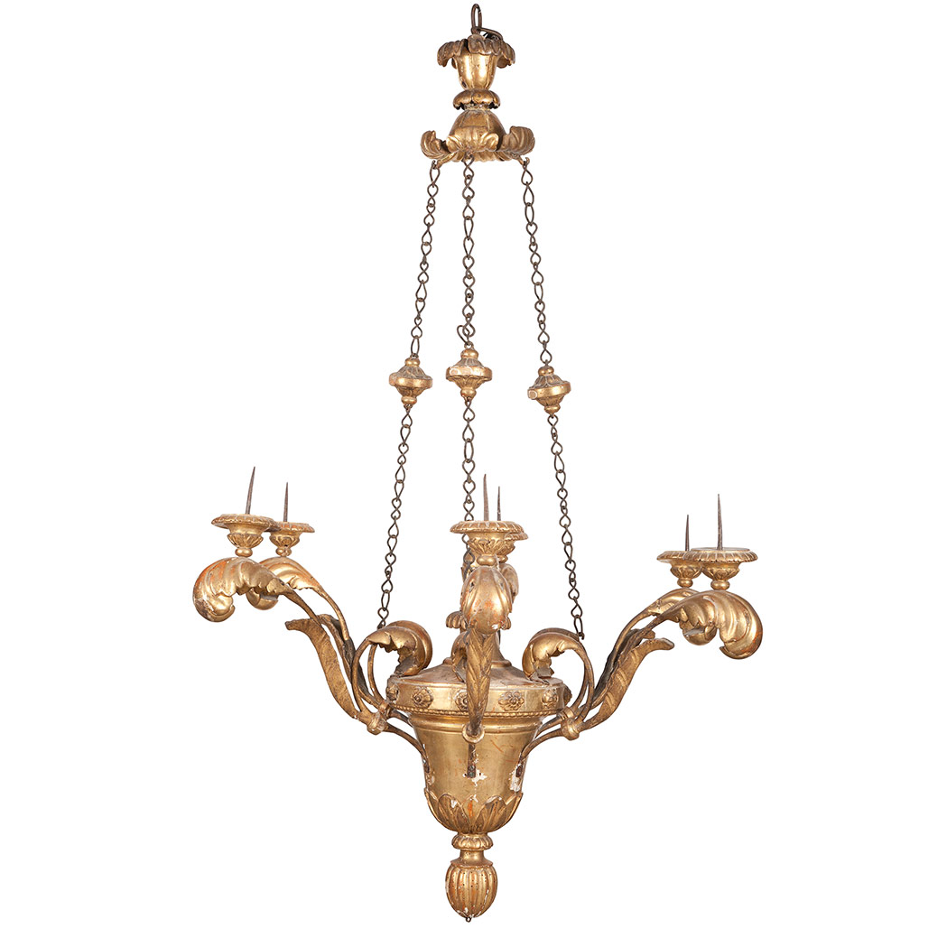 Appraisal: Continental Giltwood Six-Light Chandelier th Century The flower carved corona