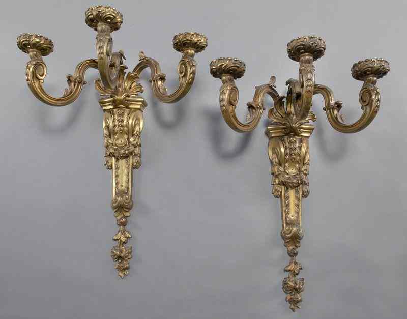 Appraisal: Pr Rococo style gilt bronze three-light sconces accented by a