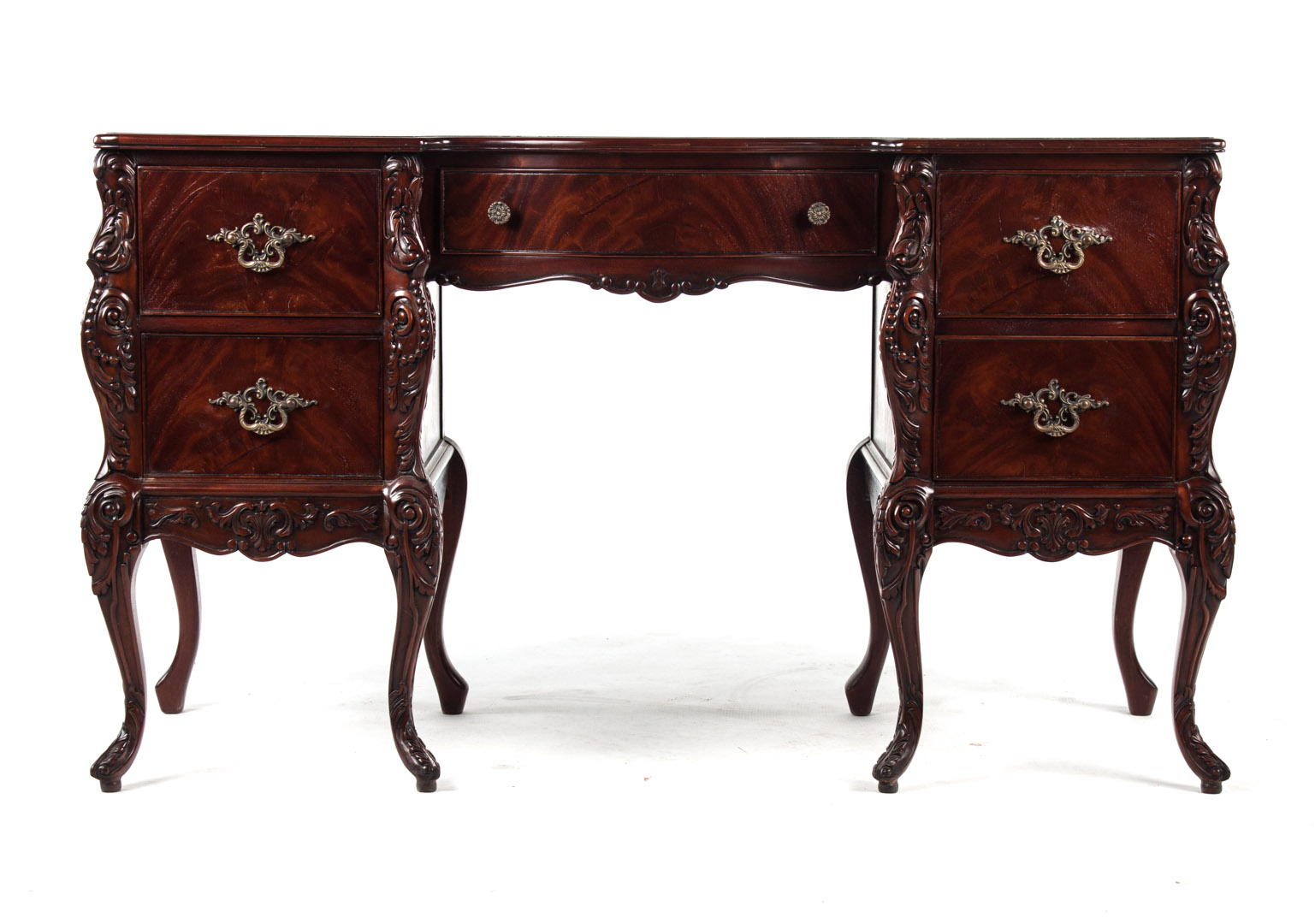 Appraisal: Louis XV style mahogany desk bowed center drawer flanked by