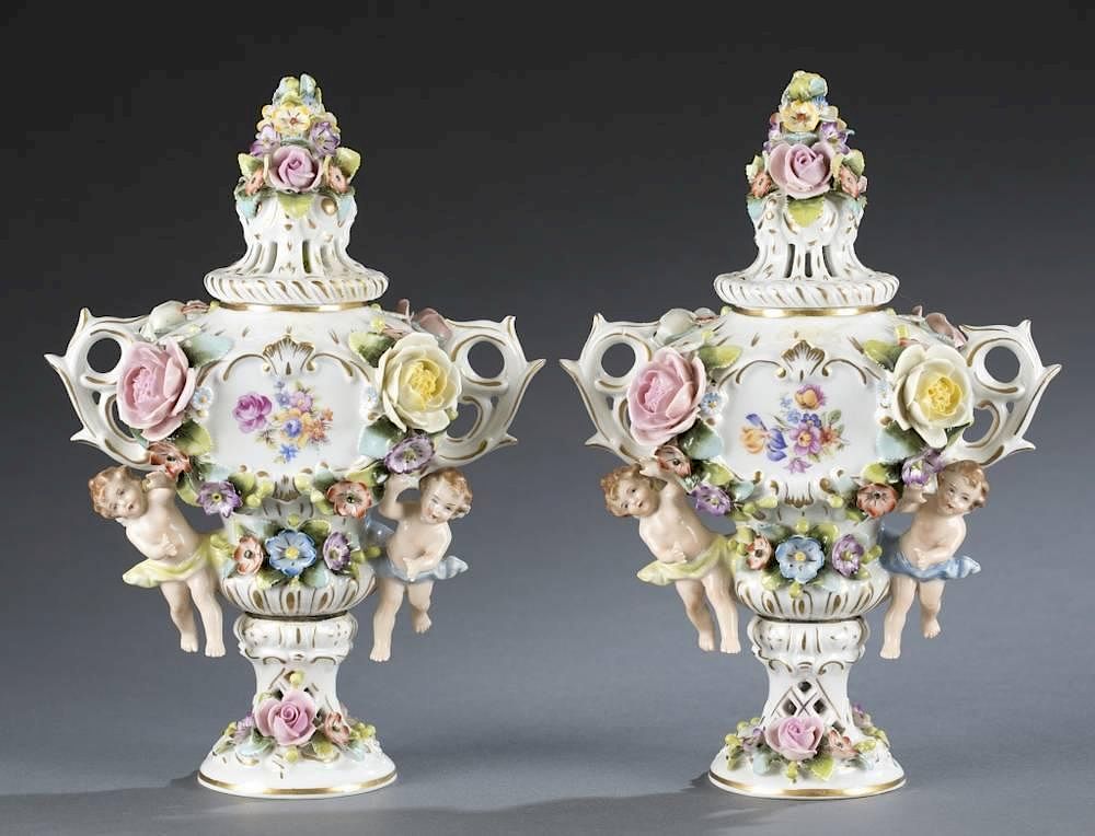 Appraisal: Pair of Sitzendorf porcelain covered vases A pair of German