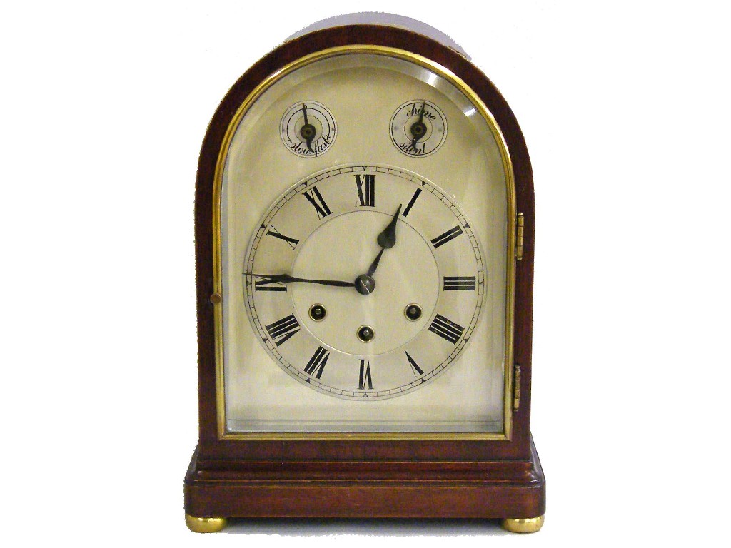 Appraisal: German mahogany three train mantel clock the Gustav Becker movement