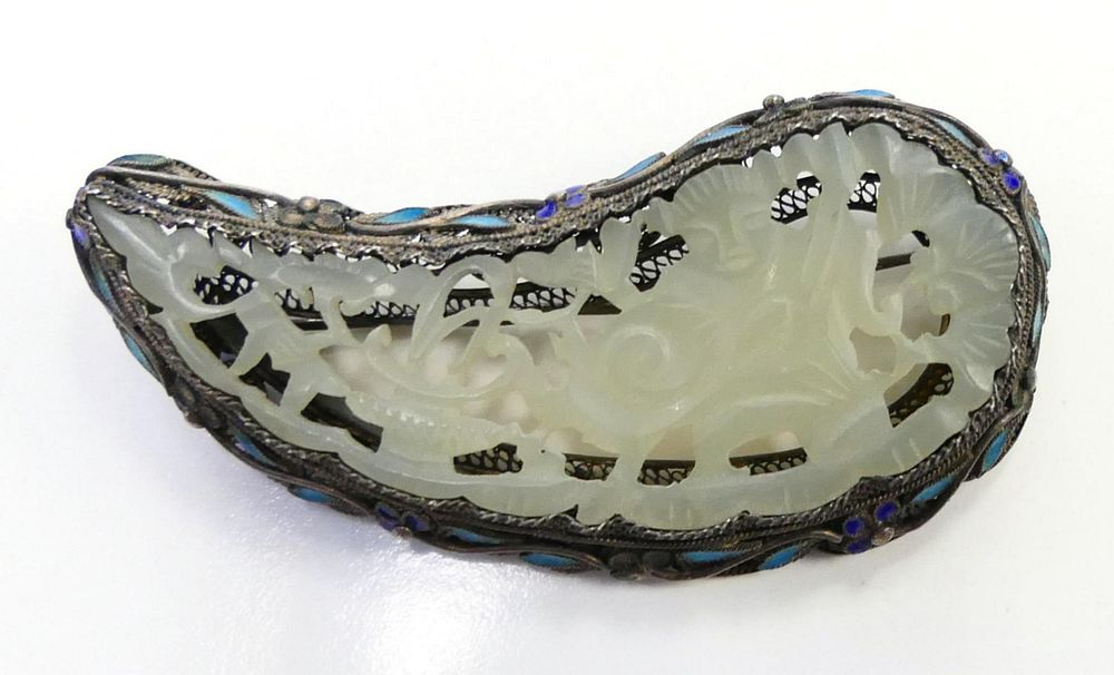 Appraisal: CHINESE WHITE JADEITE BROOCH IN SILVER W TURQUOISE Measures wide