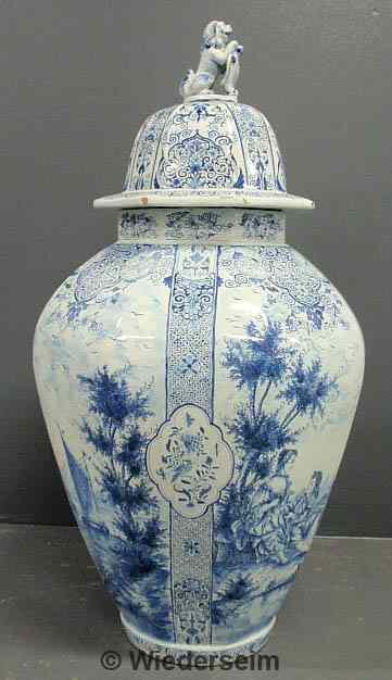 Appraisal: Massive blue and white French Delft style temple jar with