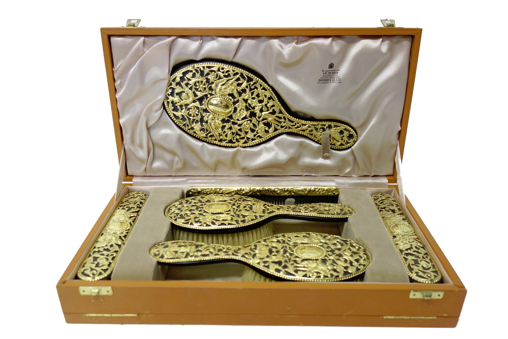 Appraisal: A six piece silver gilt mounted lady's dressing table set