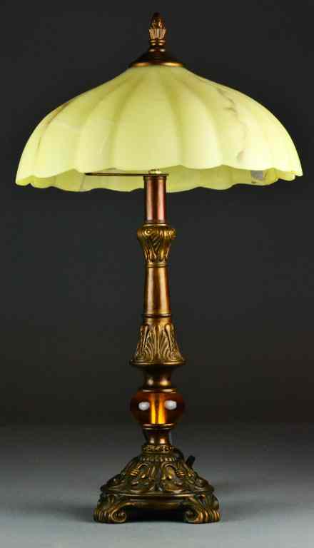 Appraisal: Antique Style Bronze Lamp with Satin Glass ShadeRaised on four