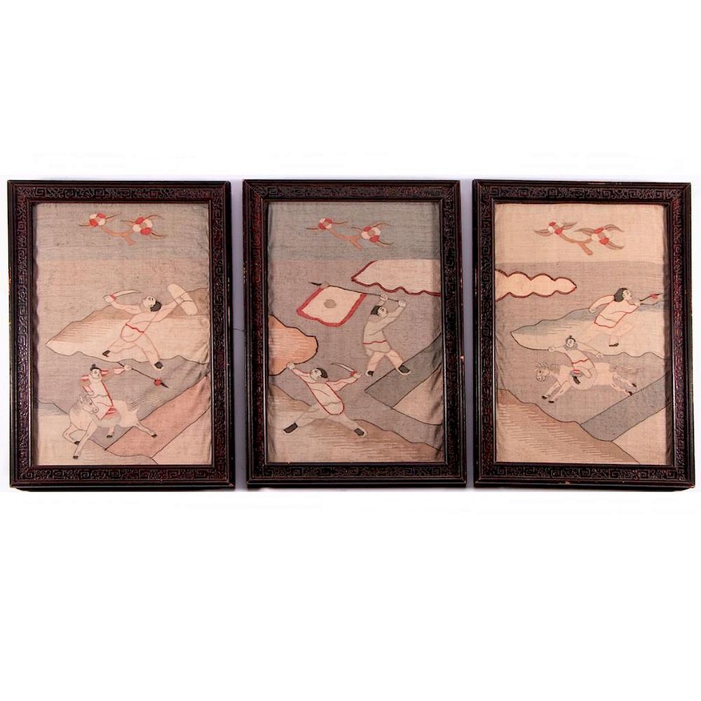 Appraisal: Three Chinese woven silk panels Three framed late th early