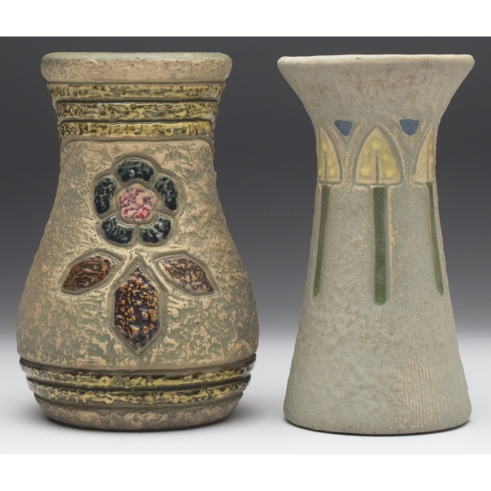 Appraisal: Roseville Mostique vases two colorful designs largest is ''w x