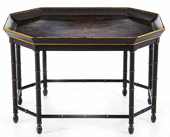 Appraisal: Baker paint-decorated chinoiserie coffee table octagonal tray top with decorated