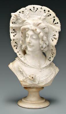 Appraisal: Carved alabaster bust young woman wearing straw hat and lace