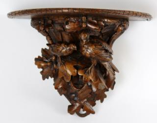 Appraisal: French relief carved walnut wall shelf with birds oak French