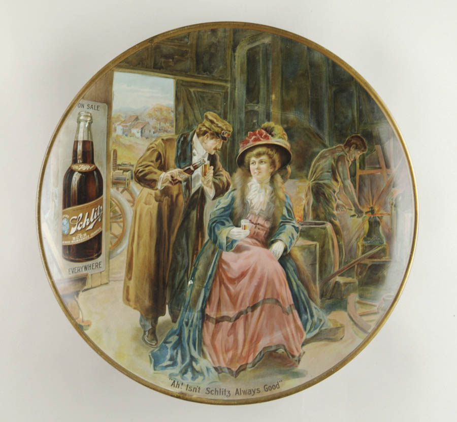 Appraisal: SCHLITZ BEER TIN CHARGER Early lithographed sign depicting well attired