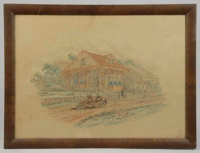 Appraisal: Early Framed Automobile Scene Watercolor Description Circa Depicts driver with