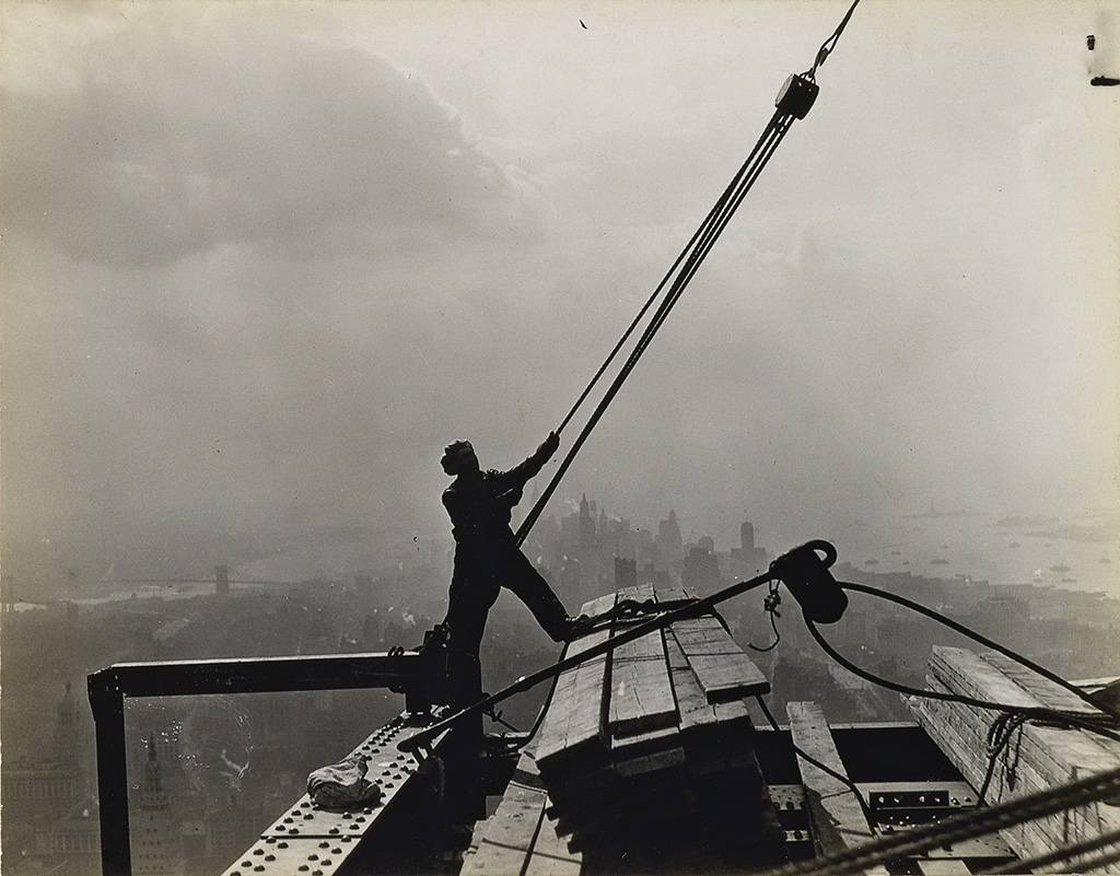 Appraisal: HINE LEWIS W - Construction worker maneuvering rope and pulley