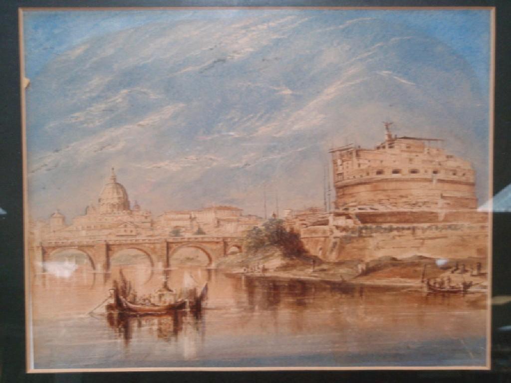 Appraisal: thC School Continental town scene from the river watercolour cm