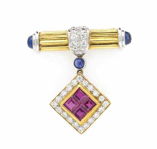 Appraisal: An Karat Yellow Gold Ruby Sapphire and Diamond Brooch consisting