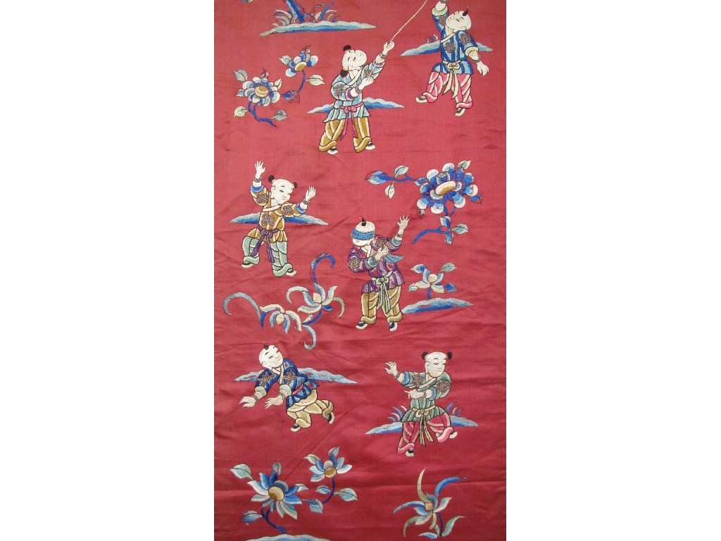 Appraisal: Four various Chinese decorative silk hangings and a chair cover