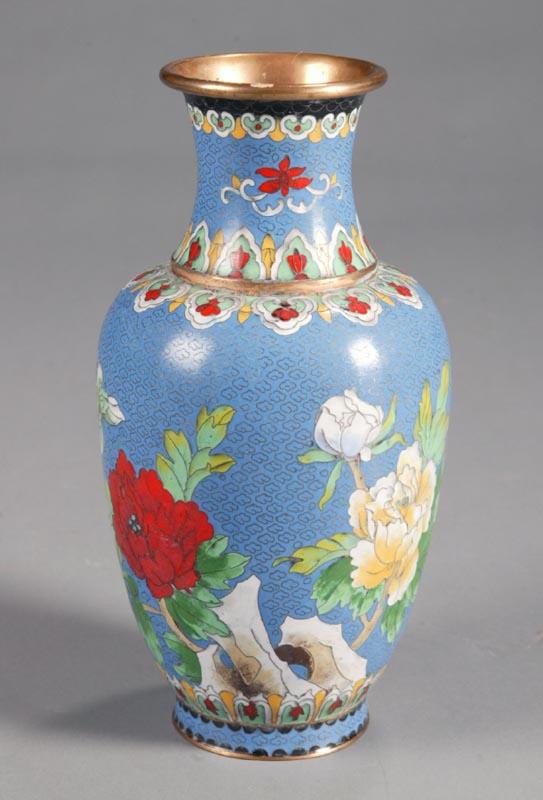 Appraisal: CLOISONNE VASE Asian th century enamel and brass Colorful peonies