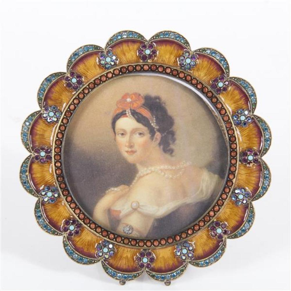 Appraisal: JAY STRONGWATER JEWELED AND ENAMELED ROUND BRASS PICTURE FRAME Jay