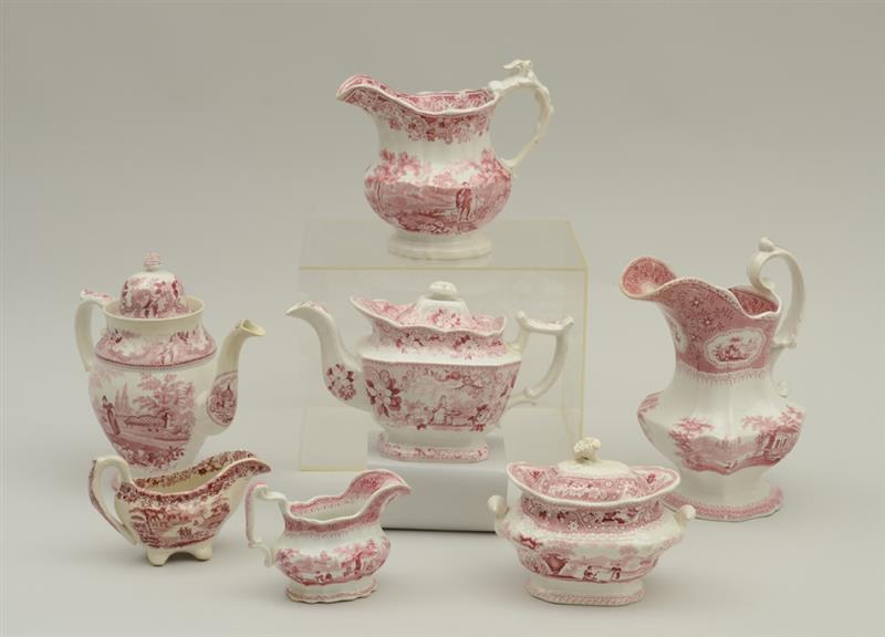 Appraisal: GROUP OF SEVEN STAFFORDSHIRE RED TRANSFER-PRINTED ARTICLES Comprising a teapot