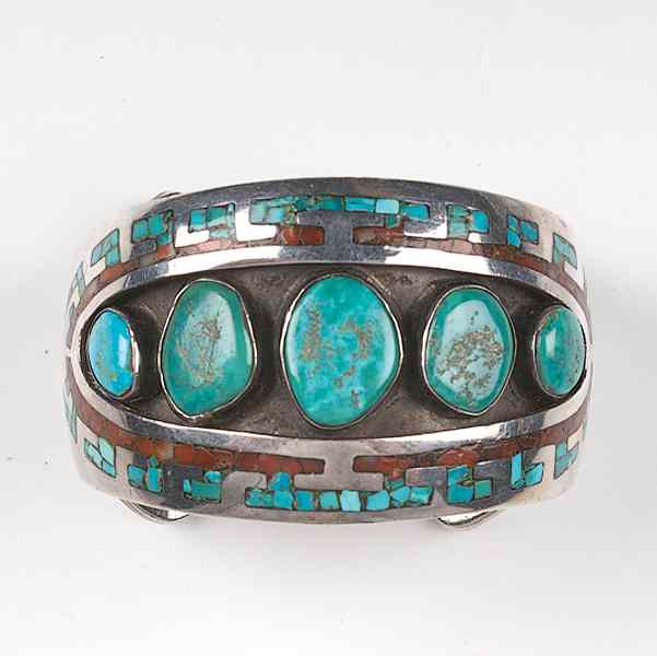 Appraisal: Zuni Silver Turquoise and Coral Bracelet coral and turquoise inlay